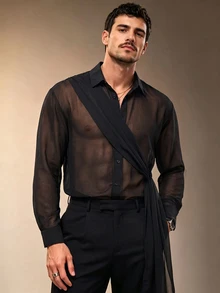 ZURIURI Men's Sheer Lightweight Elegant Fashion Mesh Shirt - Black - View 3