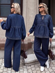 SHEIN 孕婦休閒前綁帶長袖上衣與牛仔褲兩件套 西式女裝 牛仔女郎秋季穿搭 - 藍色 - 查看 1