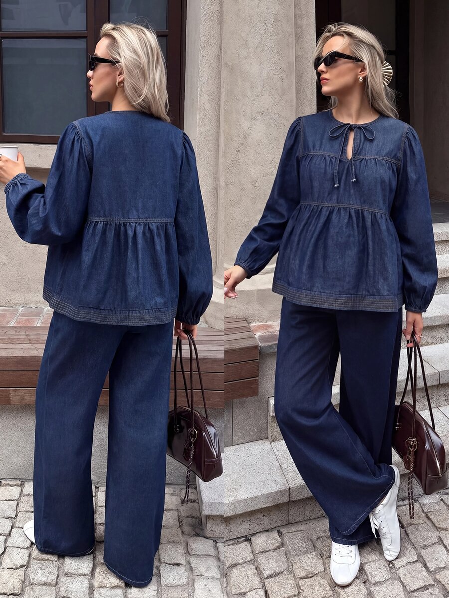 SHEIN 孕婦休閒前綁帶長袖上衣與牛仔褲兩件套 西式女裝 牛仔女郎秋季穿搭 - 藍色 - 查看 1