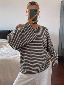 DAZY Women's Striped Asymmetrical Shoulder Loose Street Casual T-Shirt - Coffee Brown - View 1