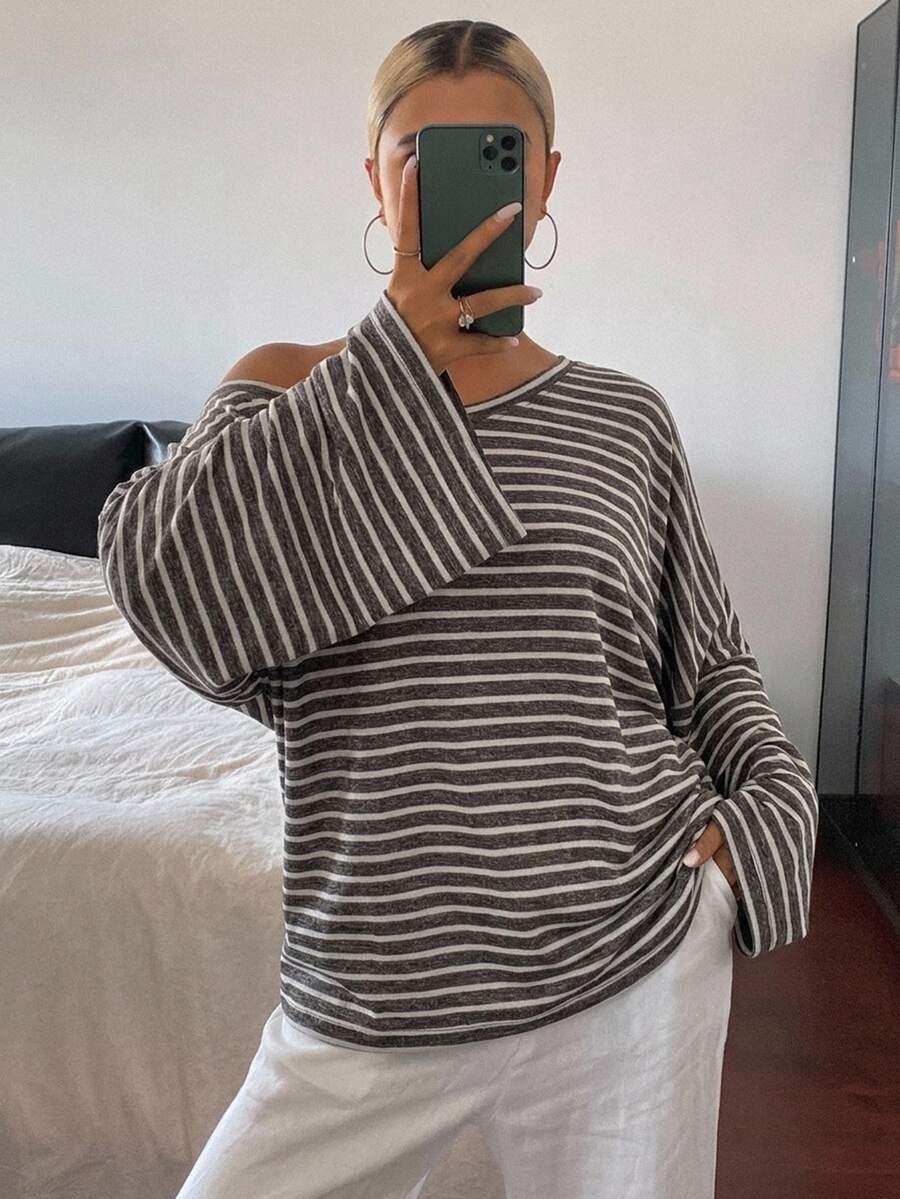 DAZY Women's Striped Asymmetrical Shoulder Loose Street Casual T-Shirt - Coffee Brown - View 1