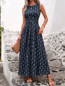 SHEIN Clasi 女款夏季度假刺繡腰繫帶口袋洋裝 - 藏蓝色 - 查看 3