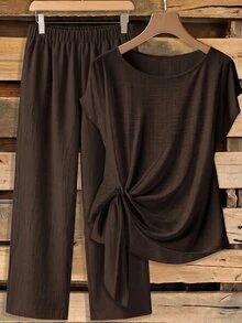 SHEIN Clasi 大尺碼女款純色圓領側結襯衫與寬腿褲休閒兩件套 - 咖啡棕 - 查看 5