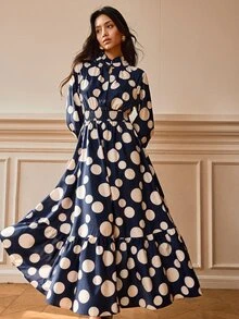 SHEIN French Style Large Polka Dot Long Dress, Ruffle Collar, Long Sleeve, High Waist, Slimming Layered Hem, Versatile Daily & Travel Long Dress - Multicolor - View 5