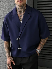SLATEMANN 男士純色飛機扣門襟短袖襯衫 - 藏蓝色 - 查看 3