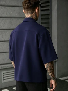 SLATEMANN 男士純色飛機扣門襟短袖襯衫 - 藏蓝色 - 查看 2