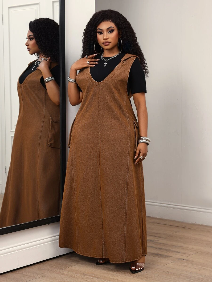 Slaydiva Plus Size Women's V-Neck Cargo Pocket Casual Denim Overall Dress - Blue - View 1