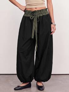 Avantive Women's Plaid Patchwork Drawstring Waist Pocket Loose Long Pants - Black - View 5