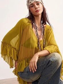 Bohemela Casual Solid Color Woven Ruffle Trim Oversized Women's Blouse - Yellow - View 7