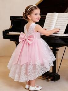 SHEIN Glamorique Kids 4 Seasons 嬰兒女童 1 歲生日派對禮服，V 背蕾絲拖尾生日長裙，粉色亮片背腰大蝴蝶結生日派對洋裝 - 粉色 - 查看 5