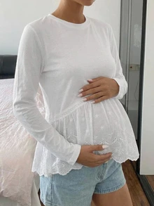 DAZY Contrast Lace Trim Hem Long Sleeve Loose Casual Vacation Daily Spring Autumn Maternity T-Shirt - White - View 1