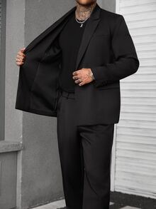 Manfinity Mode 男士純色雙排扣長袖夾克與長褲休閒優雅通勤西裝套裝 - 黑色 - 查看 7