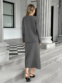 Pariaura Slouchy Minimalist Commute Casual Premium Feel Round Neck Loose Fit Slimming Pullover Sweater And Elastic Waist Skirt 2 Pieces Set - Grey - View 2