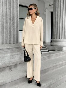 Pariaura New Women's Long Sleeve Polo Collar Commuter Blended Shirt With Double Pockets And Loose Wide Leg Pants 2 Pieces Set - Beige - View 6