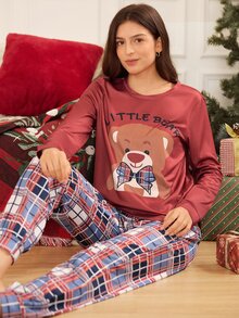 SHEIN Women's Casual Knit Home Wear Plaid Bear Print Pajama Set - Red - View 3