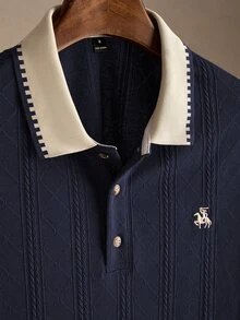 Manfinity Homme 男士時尚休閒通勤短袖 Polo 衫，男士針織提花上衣，男士圖案短袖 Polo 衫，復古風格，老錢風，適合日常休閒、週末旅行，可作為男友/丈夫禮物，派對、夏季度假、海灘穿著、夏威夷婚禮及春夏穿著 - 藍色 - 查看 7