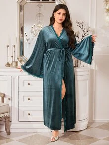 MuseNap CURVE Dark Green Ribbed Velvet Lace V-Neck Tie Long Plus Size Women's Loungewear Bathrobe Morning Robe - Dark Green - View 4