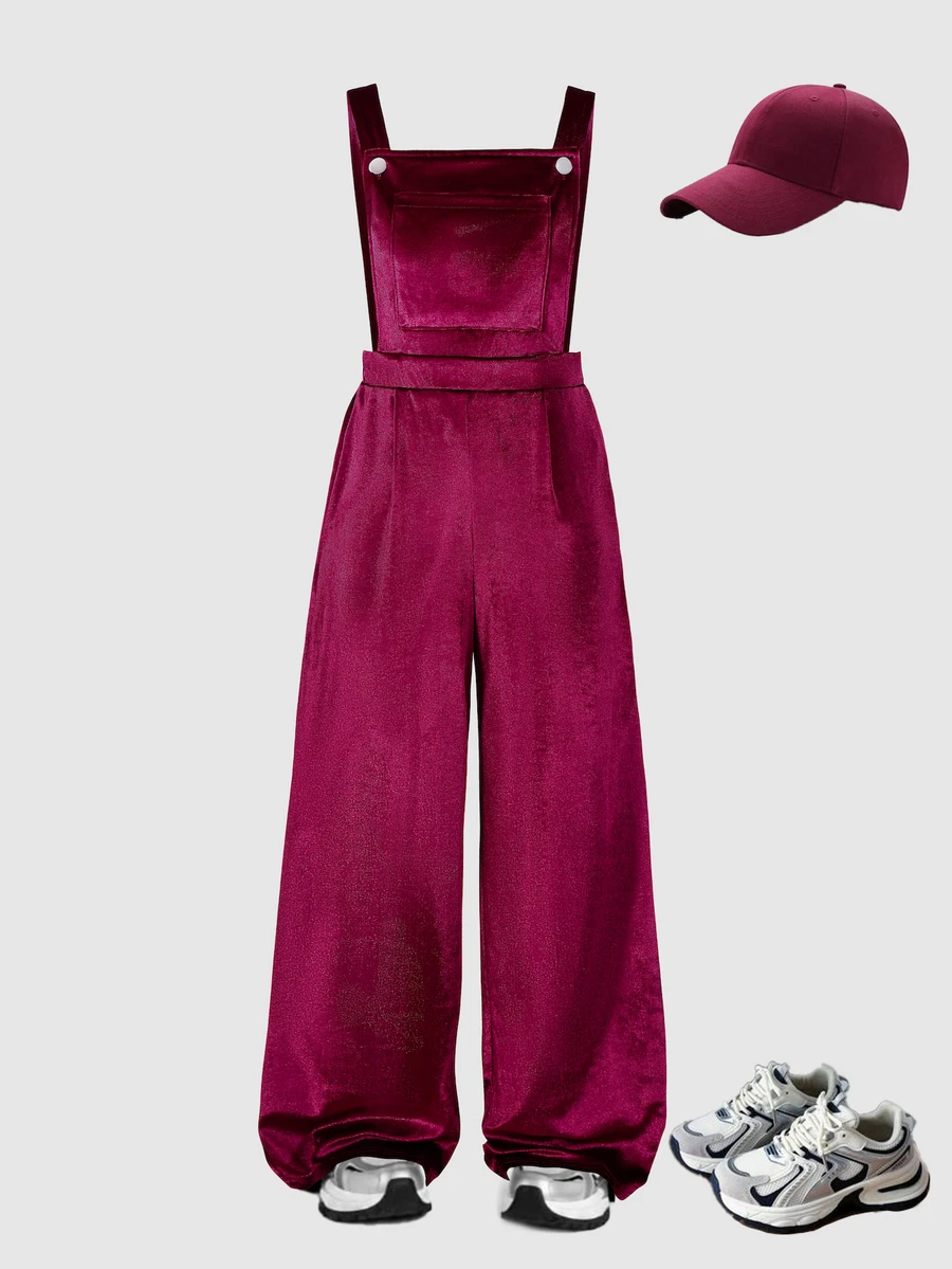SHEIN Tween Girls Velvet Overalls Jumpsuit Burgundy Solid Wide Leg Pants Casual Fashion Outfits - Burgundy - View 1
