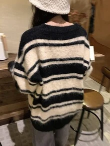 DAZY Women's V-Neck Striped Korean Style Long Sleeve Sweater, Autumn/Winter - Grey - View 2