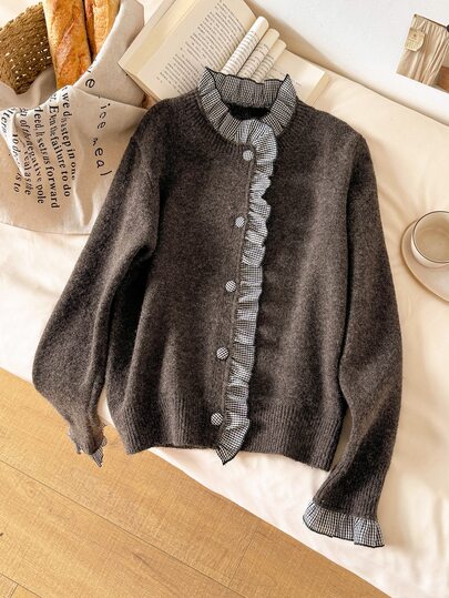 CosyJoli Women's Patchwork Plaid Frill Trim Long Sleeve Knit Cardigan