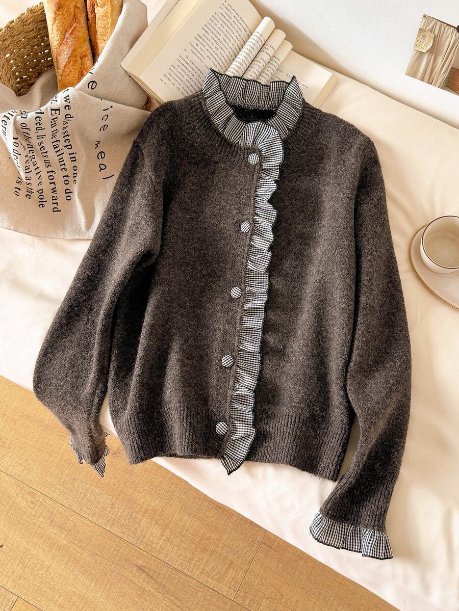 CosyJoli Women's Patchwork Plaid Frill Trim Long Sleeve Knit Cardigan - Brown - View 1