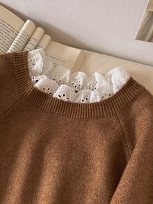Story & Sage Women's Embroidered Stand Collar Raglan Long Sleeve Casual Sweater - Brown - View 3