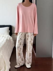 DAZY Women's Solid Color Long Sleeve Pocket Top And Pants Pajama Set - Pink - View 7