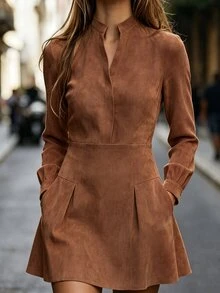 Balvessa Women's Solid Color Notch V-Neck Pocket Casual Dress - Coffee Brown - View 1