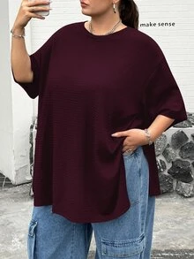 SHEIN CURVE+ 大尺碼休閒紋理短袖側開衩T恤 - 酒紅色 - 查看 8