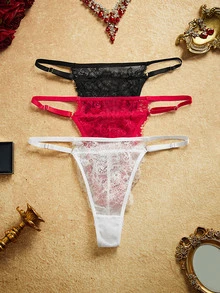 PinupPomp Women's 3pcs Mixed Color Lace Eyelash Trim Sexy Panties Low Waist Triangle Thong - Multicolor - View 1