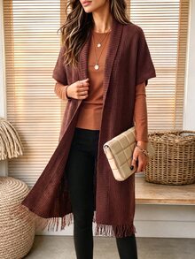Holdful Holdful Autumn/Winter New Mid-Length Cardigan With Tassel Hem Design, Casual Lazy Style For Women - Coffee Brown - View 7