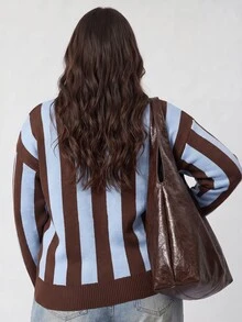 Solavibe Plus Size Y2K Colorblock Striped Oversized Knit Pullover Letter Embroidery Crew Neck For Campus & Daily,Colorblock,Fall Winter,Street Style,Halloween - Brown - View 2