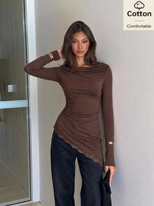 Siren Gaze Kaos Lengan Panjang Slim Fit Katun Wanita Motif Renda Patchwork Warna Cokelat untuk Musim Gugur/Dingin, Formal, Bisnis, Chic, Natal, Tahun Baru, Acara Santai, Peplum A-Line - Coffee Brown - View 3