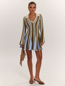 SHEIN BAE Women's Vintage Striped Colorblock Long Sleeve Sweater Dress - Black - View 6