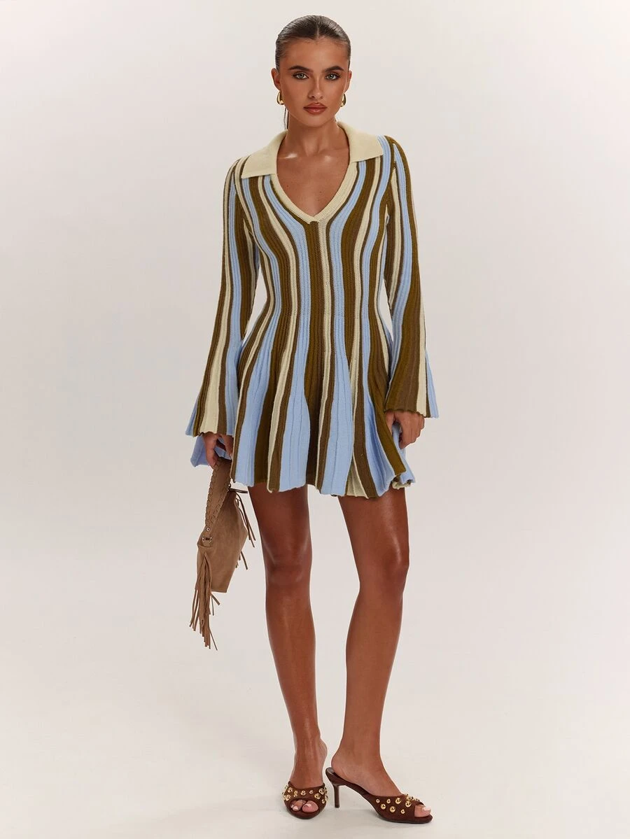 SHEIN BAE Women's Vintage Striped Colorblock Long Sleeve Sweater Dress - Black - View 1