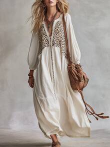 SHEIN Vintage Boho Leopard Print Spliced Long Dress For Women Autumn Winter V-Neck Puff Sleeve Loose Flowy Casual Oversized Maxi Picnic Vacation Off-White - White - View 1