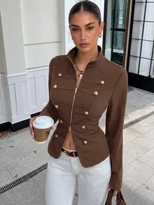 Lavishia 女款新款極簡主義春夏復古立領襯衫上衣，修身拉鍊前開拿破崙/軍裝夾克背心，女款夏季服飾，適合外出、鄉村音樂會穿搭、夏季上衣，適用於通勤、休閒、街頭穿搭 - 咖啡棕 - 查看 4