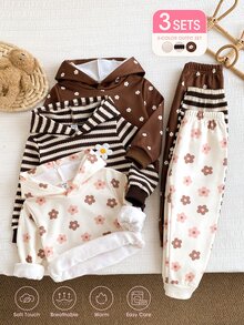 Vintaside Kids 3套幼童女童連帽外套+長褲，可愛棕色粉色花卉條紋花朵貼布長袖連帽加厚毛絨款，適合假日戶外秋冬聖誕穿著 - 彩色 - 查看 1
