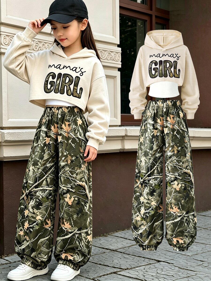SHEIN 3件組女孩迷彩圖案運動衫上衣搭配迷彩休閒錐形長褲,適合春秋日常穿著 - 彩色 - 查看 1