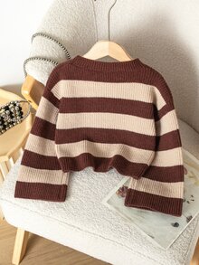 SHEIN Elladie kids 女童條紋圓領長袖休閒百搭針織衫 - 棕色 - 查看 2