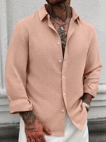 Manfinity CasualCool 男士素色休閒百搭日常穿著長袖襯衫 - 粉色 - 查看 6