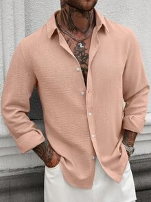 Manfinity CasualCool 男士素色休閒百搭日常穿著長袖襯衫 - 粉色 - 查看 8