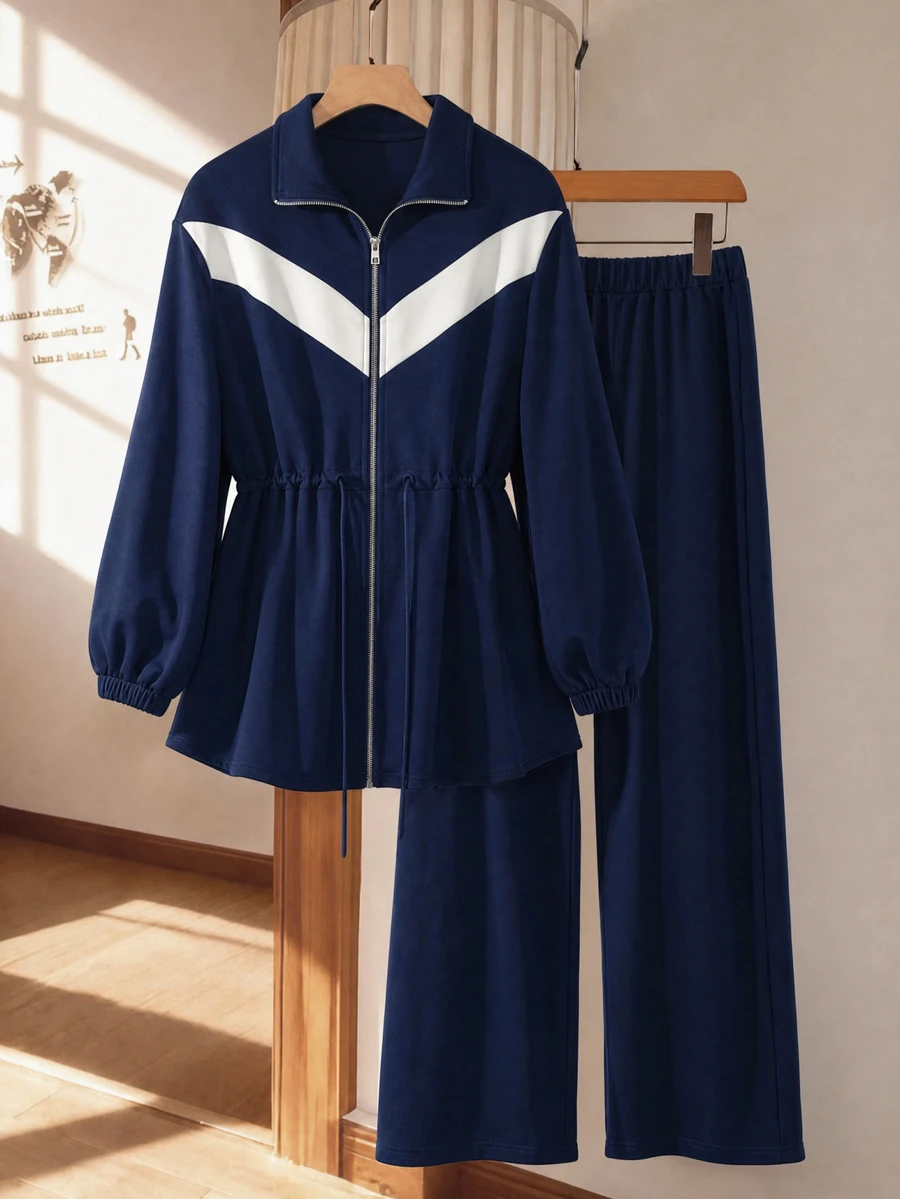 Lacomfia Plus Size Streetwear Striped Colorblock Zip-Up Jacket And Pants Set - Navy Blue - View 1