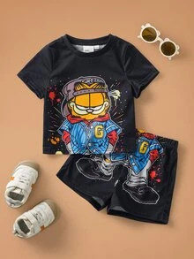 GARFIELD | SHEIN Baby Boy Cartoon Pattern Short Sleeve T-Shirt And Shorts Casual Daily Outfit - Black - View 2