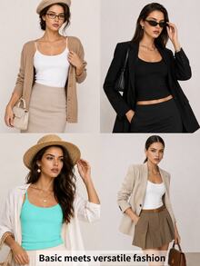 SHEIN BASICS 1件女款純色修身休閒細肩帶背心上衣 白色上衣 - 薄荷綠 - 查看 17