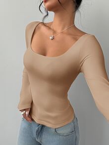 SHEIN BASICS 女款休閒針織修身長袖圓領基本款T恤，冬季女裝穿搭 - 駝色 - 查看 9
