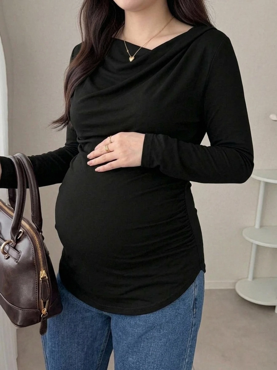 Dazy Maternity Solid Color Fitted Ruched Long Sleeve Casual Daily Vacation Spring Autumn Maternity T-Shirt - Black - View 1