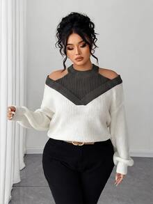 SHEIN Elenzya 女款假兩件式露肩拼色時尚套頭毛衣 - 灰色 - 查看 5