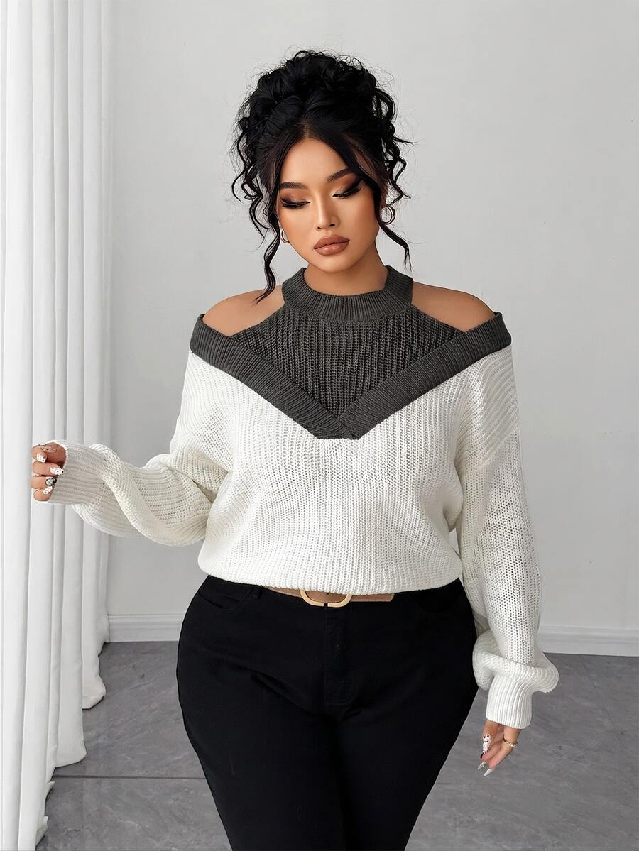 SHEIN Elenzya Women's Faux 2-Piece Cold Shoulder Colorblock Fashion Pullover Sweater - Grey - View 1