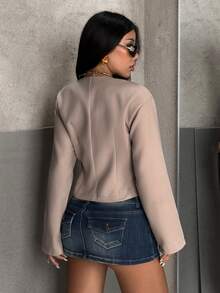 EgrlEra Sexy Hot Girl V-Neck Leather Buckle Decor Waist-Cinching Slimming Short Long Sleeve Wool - Light Grey - View 2